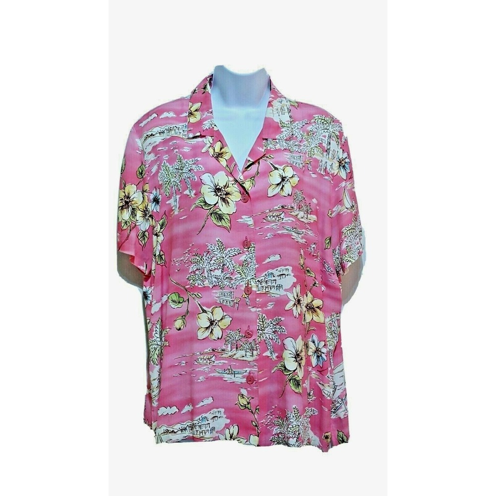 Graff Blouse Womens L Hawaiian Tropical Button-front Short Sleeve Pink Vintage